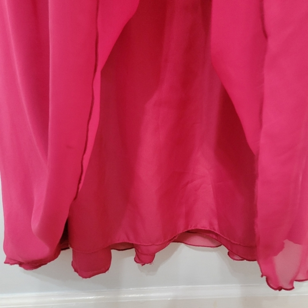 Hayley Paige Occasions Flamingo Pink Chiffon A-line Gown Ruffled V Neck, Size 22 - Picture 7 of 14